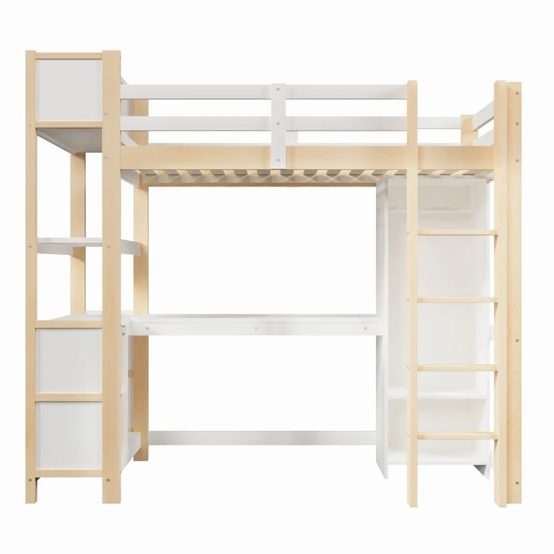 Letto a soppalco 90x200 cm con scrivania; scaffali e armadio in pino e MDF; bianco e naturale
