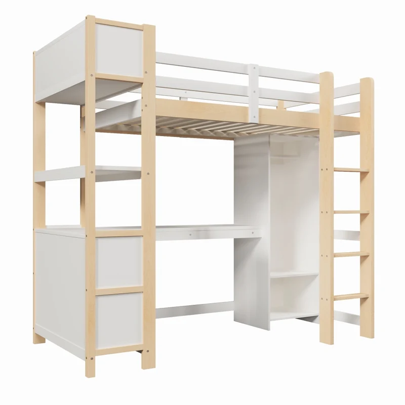 Letto a soppalco 90x200 cm con scrivania; scaffali e armadio in pino e MDF; bianco e naturale
