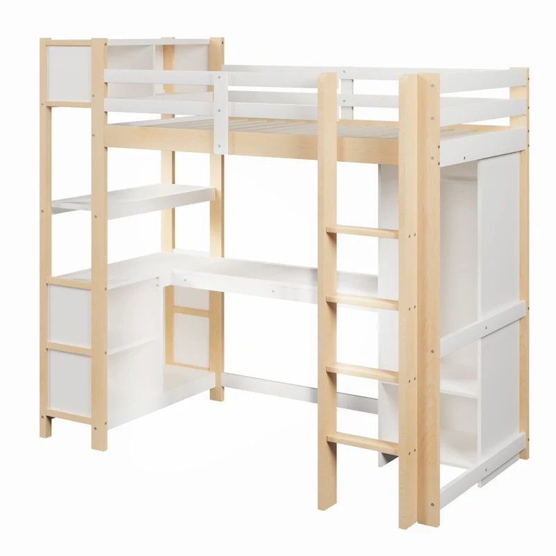 Letto a soppalco 90x200 cm con scrivania; scaffali e armadio in pino e MDF; bianco e naturale