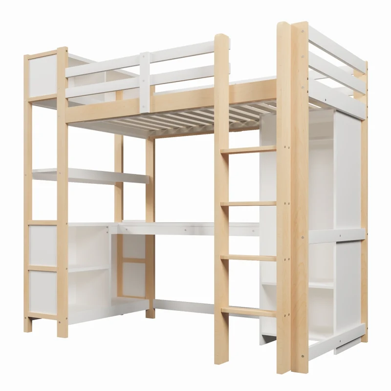 Letto a soppalco 90x200 cm con scrivania; scaffali e armadio in pino e MDF; bianco e naturale
