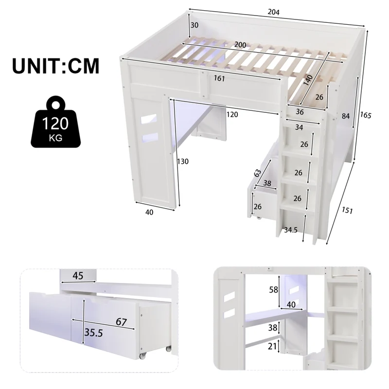 Letto a soppalco 140x200 con scrivania; luci LED; USB e Type-C; legno di pino bianco
