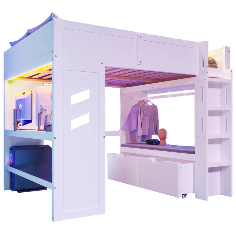 Letto a soppalco 140x200 con scrivania; luci LED; USB e Type-C; legno di pino bianco