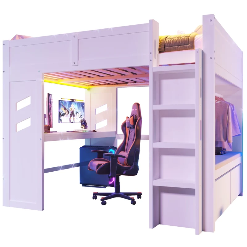 Letto a soppalco 140x200 con scrivania; luci LED; USB e Type-C; legno di pino bianco