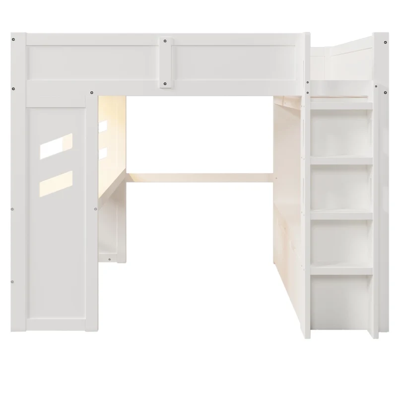 Letto a soppalco 140x200 con scrivania; luci LED; USB e Type-C; legno di pino bianco