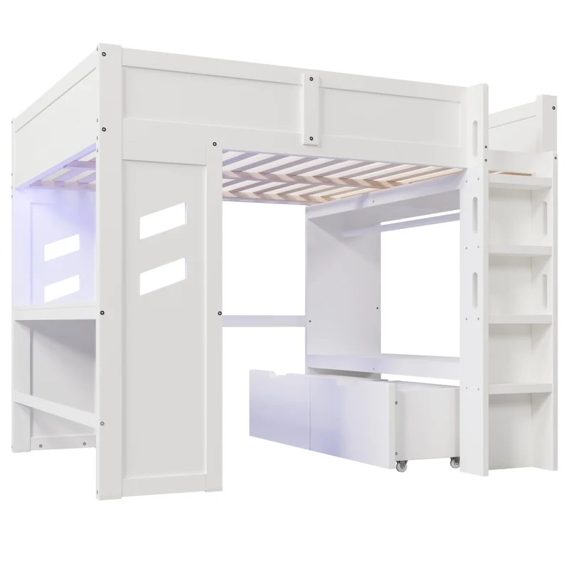 Letto a soppalco 140x200 con scrivania; luci LED; USB e Type-C; legno di pino bianco