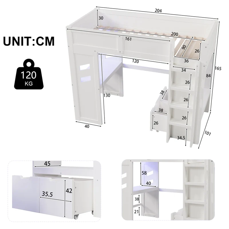 Letto a soppalco 90x200 cm con scrivania; LED; USB e porta Tipo-C in legno bianco