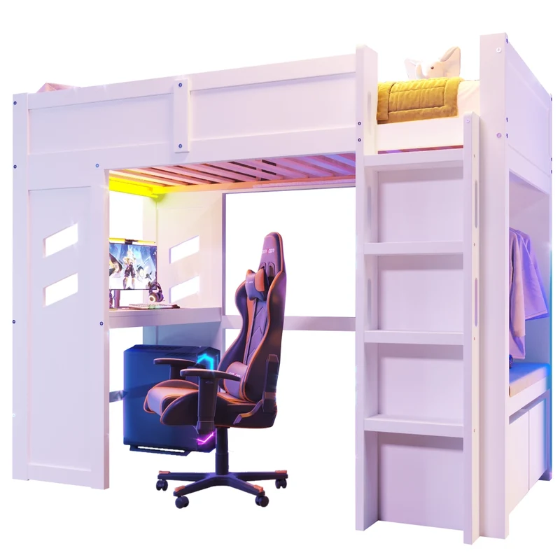 Letto a soppalco 90x200 cm con scrivania; LED; USB e porta Tipo-C in legno bianco
