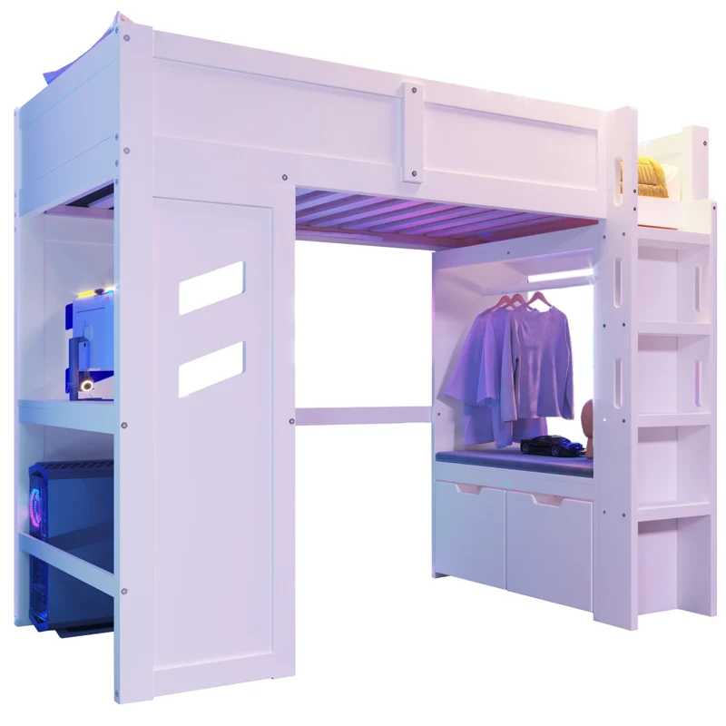 Letto a soppalco 90x200 cm con scrivania; LED; USB e porta Tipo-C in legno bianco
