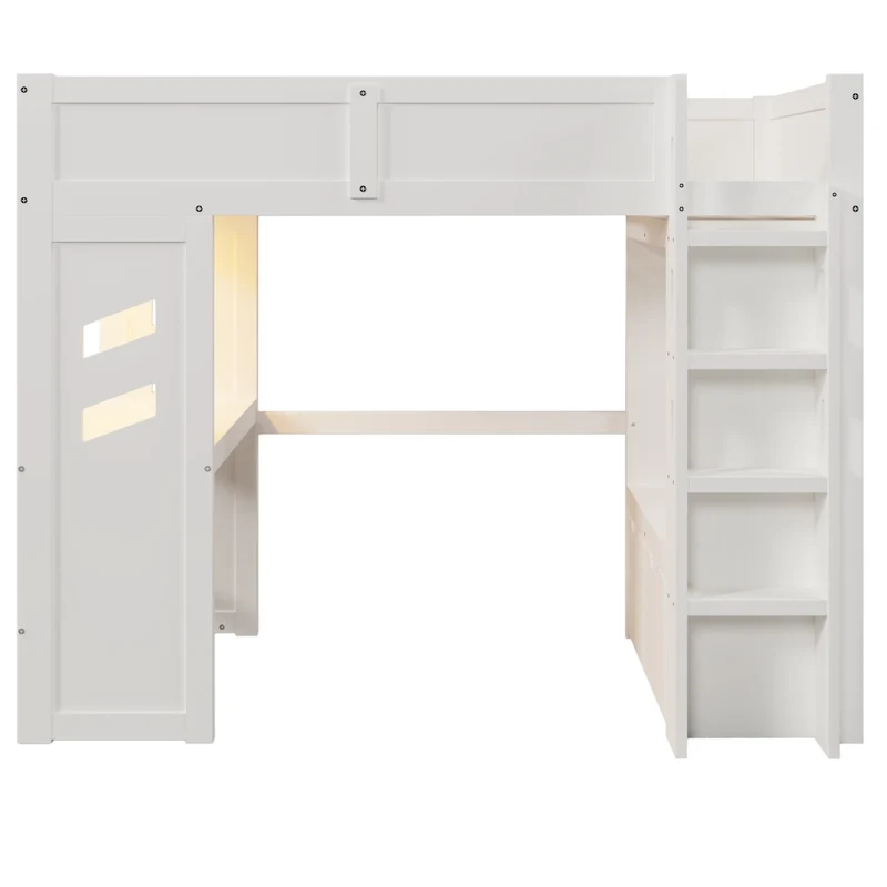 Letto a soppalco 90x200 cm con scrivania; LED; USB e porta Tipo-C in legno bianco