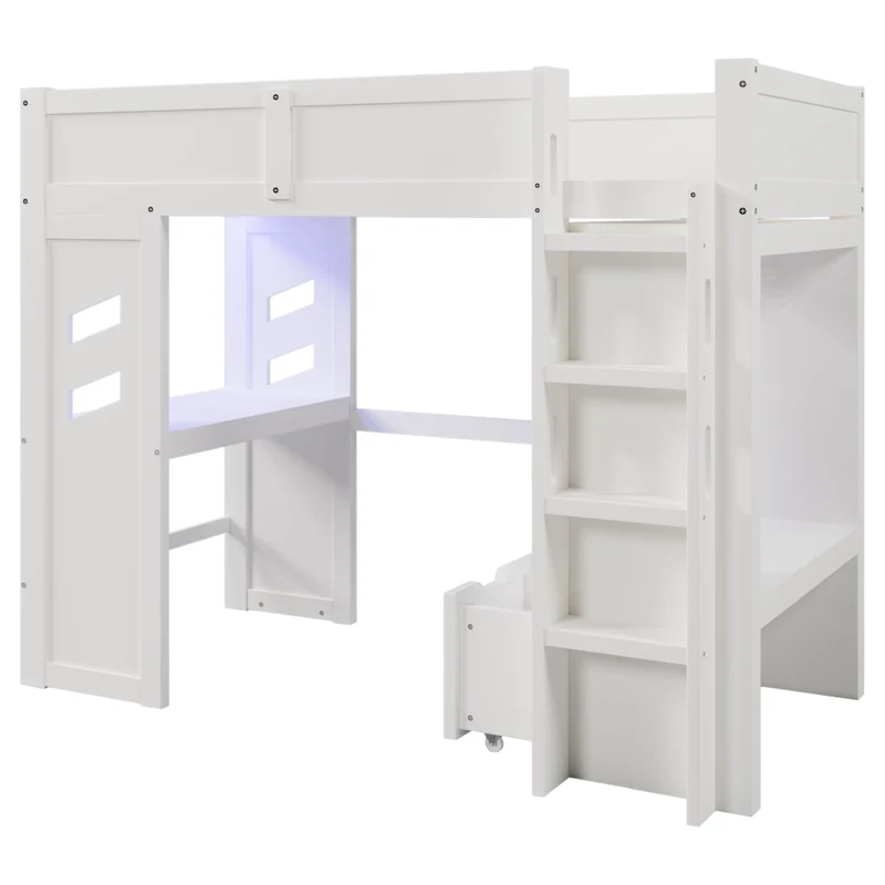 Letto a soppalco 90x200 cm con scrivania; LED; USB e porta Tipo-C in legno bianco