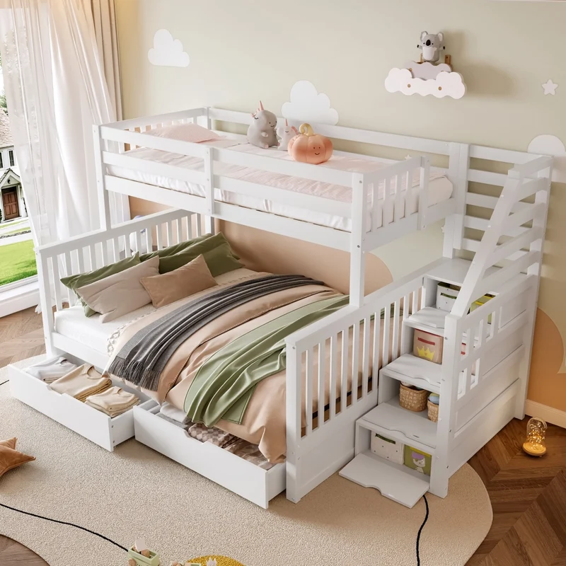Letto a castello 90x200 sopra e 140x200 sotto in pino massello; bianco; con cassetti e scala