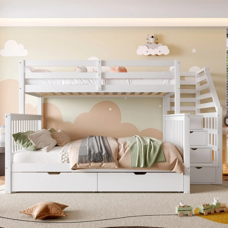 Letto a castello 90x200 sopra e 140x200 sotto in pino massello; bianco; con cassetti e scala
