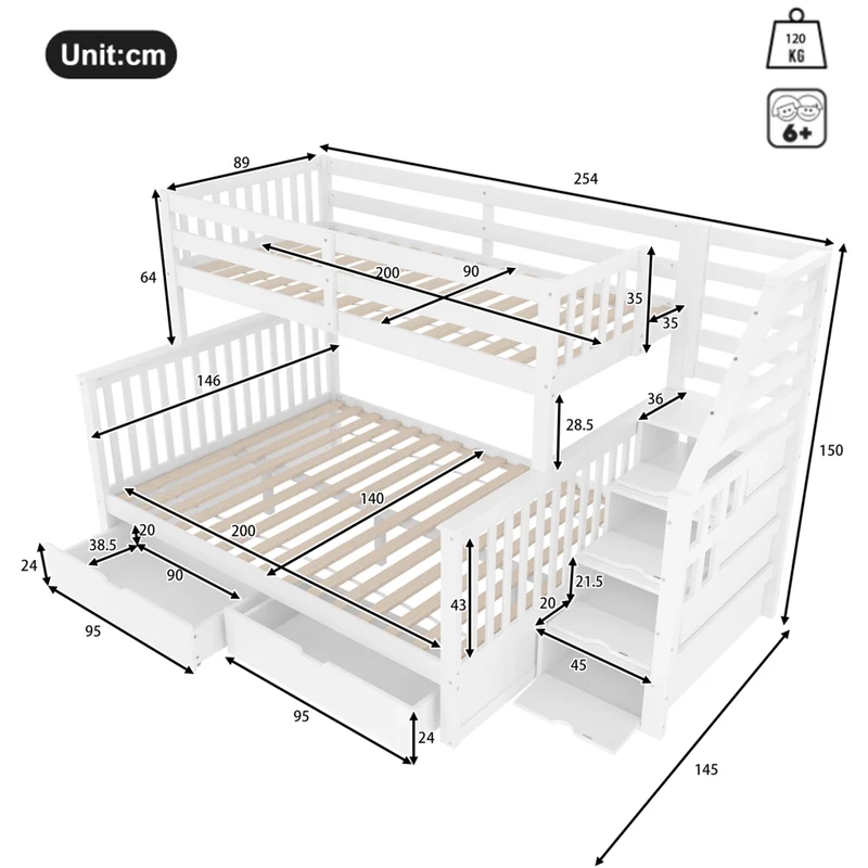 Letto a castello 90x200 sopra e 140x200 sotto in pino massello; bianco; con cassetti e scala