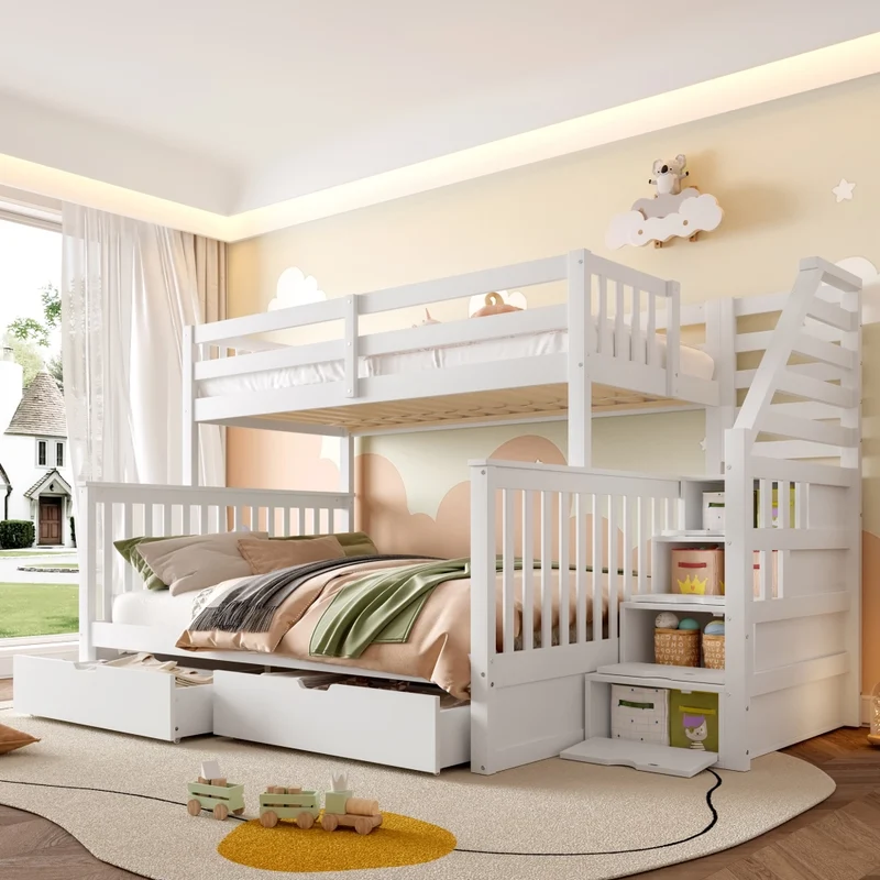 Letto a castello 90x200 sopra e 140x200 sotto in pino massello; bianco; con cassetti e scala