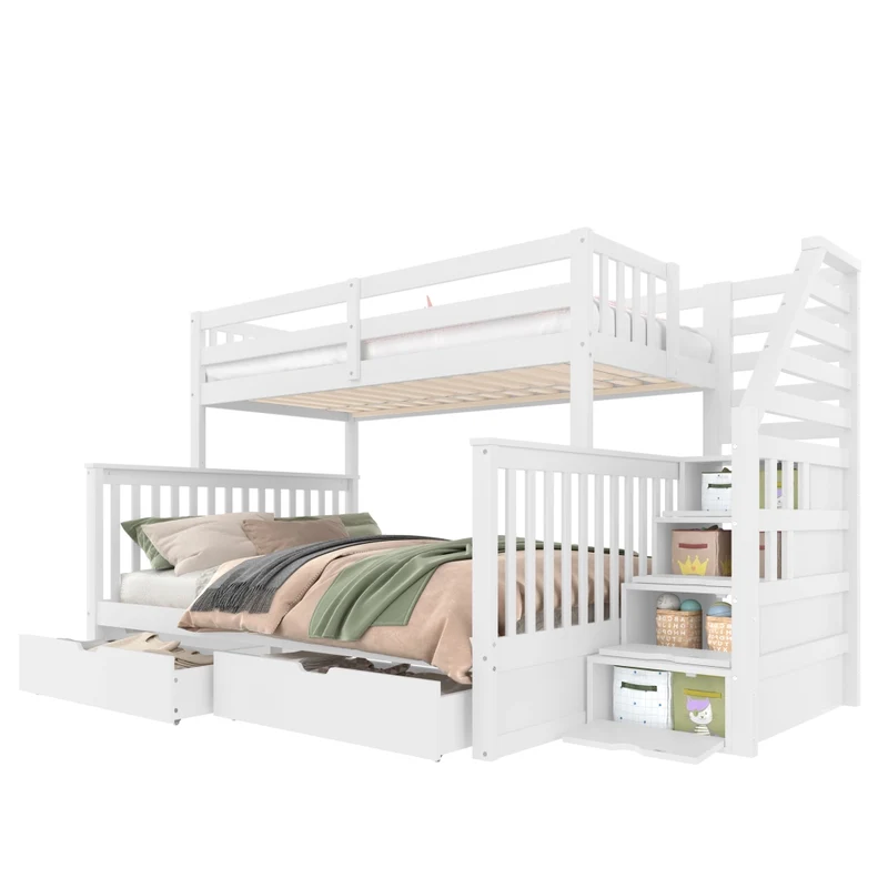 Letto a castello 90x200 sopra e 140x200 sotto in pino massello; bianco; con cassetti e scala
