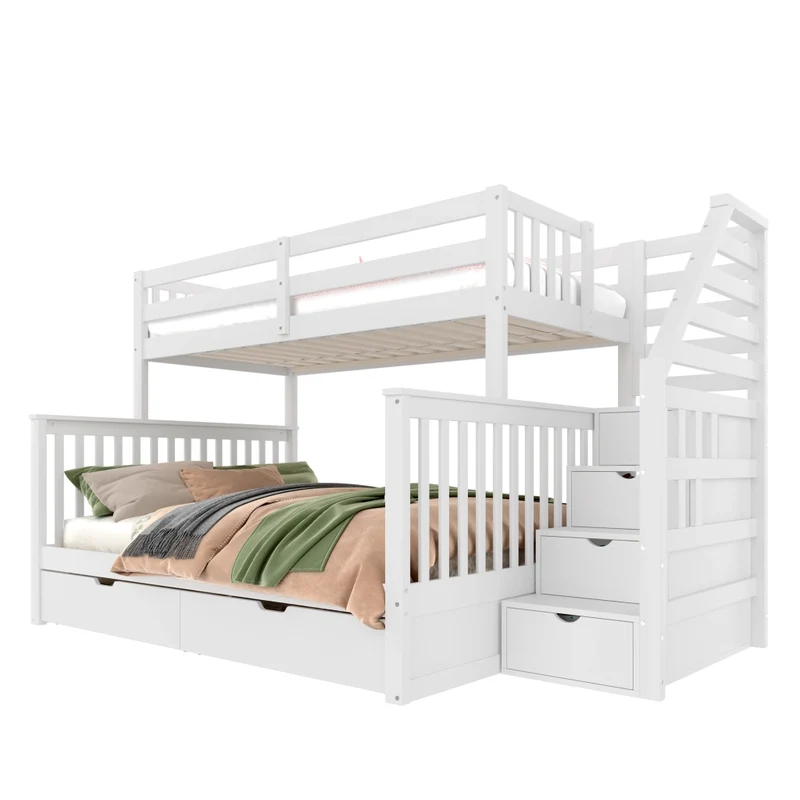 Letto a castello 90x200 sopra e 140x200 sotto in pino massello; bianco; con cassetti e scala
