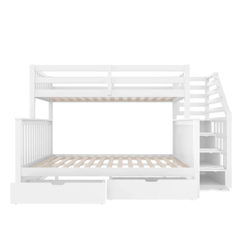 Letto a castello 90x200 sopra e 140x200 sotto in pino massello; bianco; con cassetti e scala