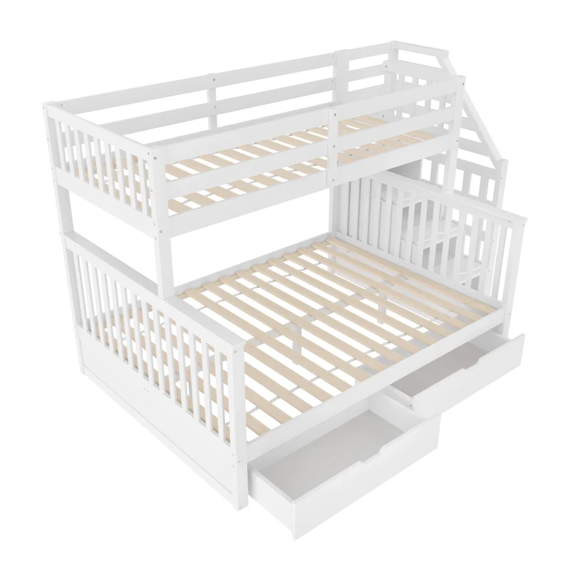 Letto a castello 90x200 sopra e 140x200 sotto in pino massello; bianco; con cassetti e scala