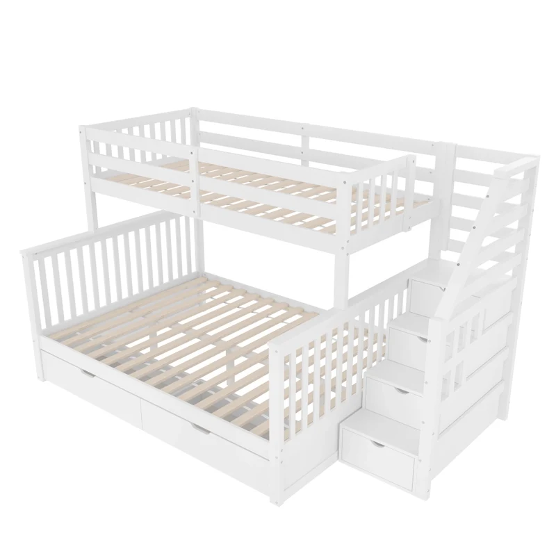 Letto a castello 90x200 sopra e 140x200 sotto in pino massello; bianco; con cassetti e scala