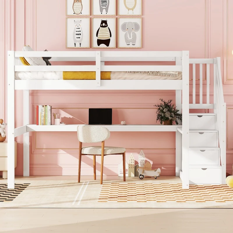 Letto rialzato per bambini 140x200 bianco in pino con cassetti e scrivania