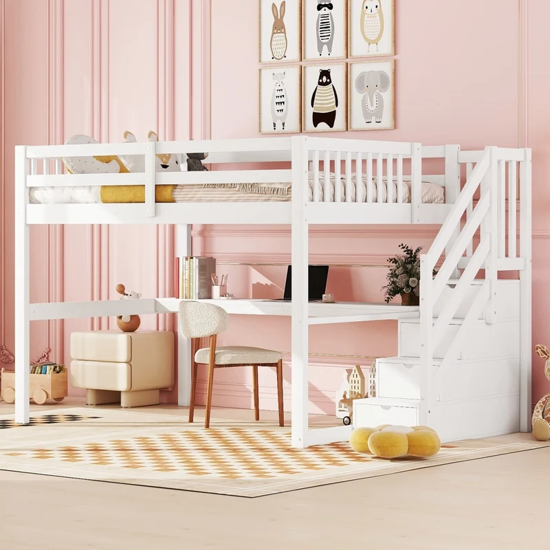Letto rialzato per bambini 140x200 bianco in pino con cassetti e scrivania