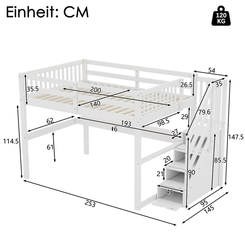 Letto rialzato per bambini 140x200 bianco in pino con cassetti e scrivania