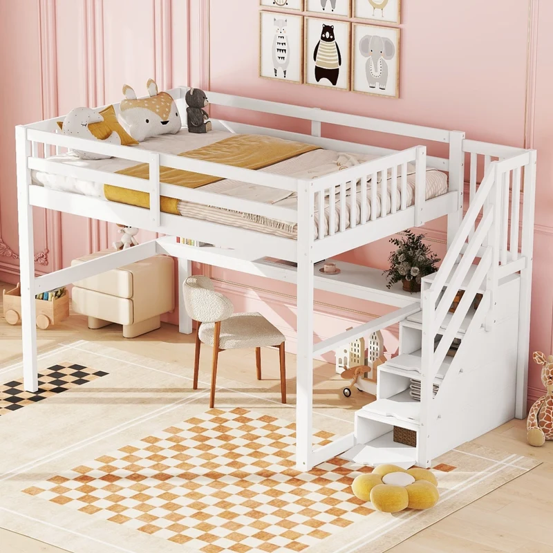 Letto rialzato per bambini 140x200 bianco in pino con cassetti e scrivania