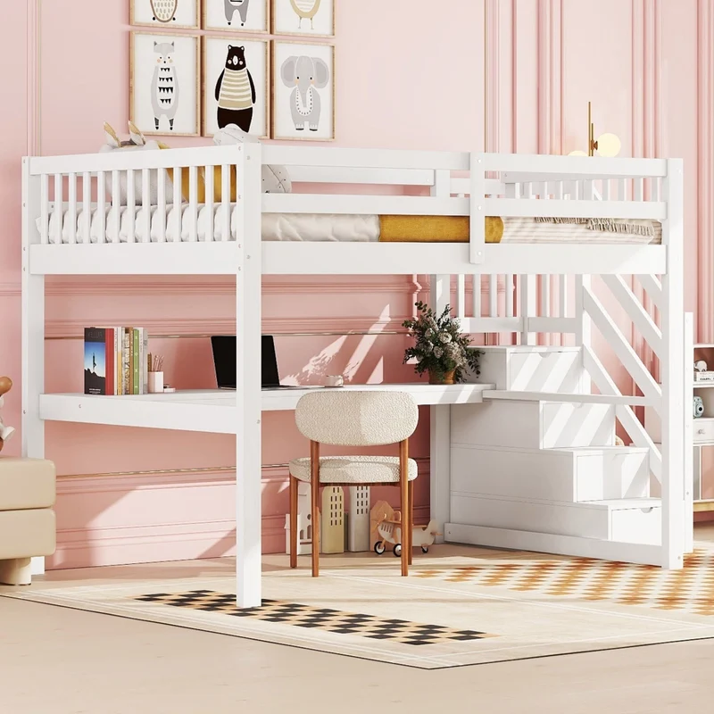 Letto rialzato per bambini 140x200 bianco in pino con cassetti e scrivania