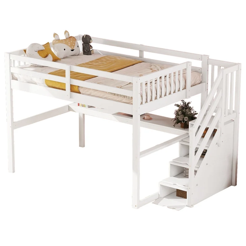 Letto rialzato per bambini 140x200 bianco in pino con cassetti e scrivania