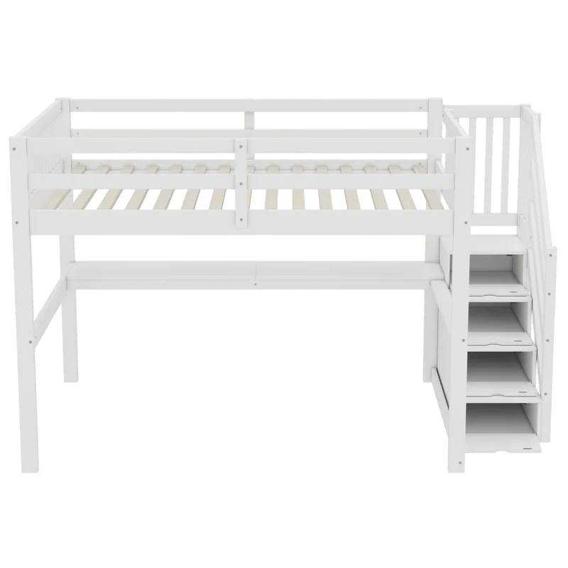 Letto rialzato per bambini 140x200 bianco in pino con cassetti e scrivania