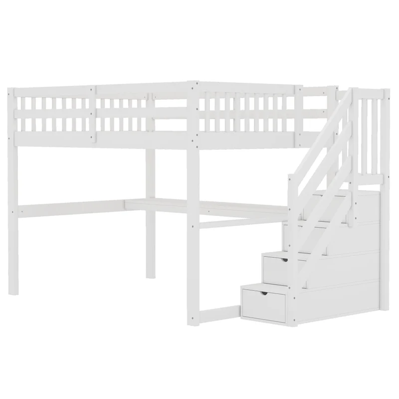 Letto rialzato per bambini 140x200 bianco in pino con cassetti e scrivania