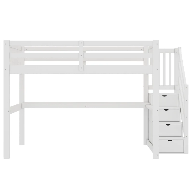 Letto rialzato per bambini 140x200 bianco in pino con cassetti e scrivania