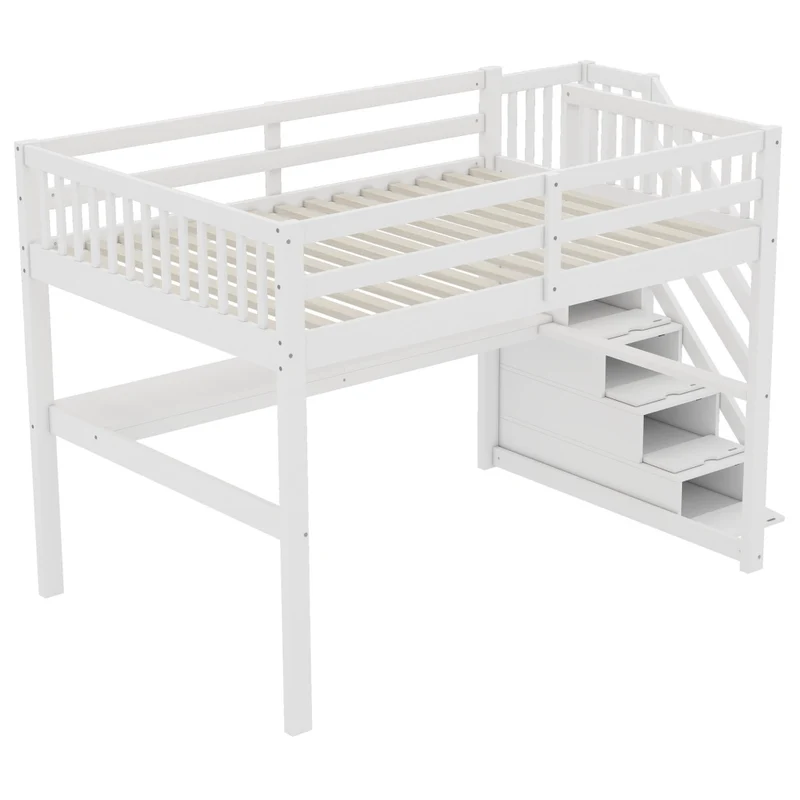 Letto rialzato per bambini 140x200 bianco in pino con cassetti e scrivania