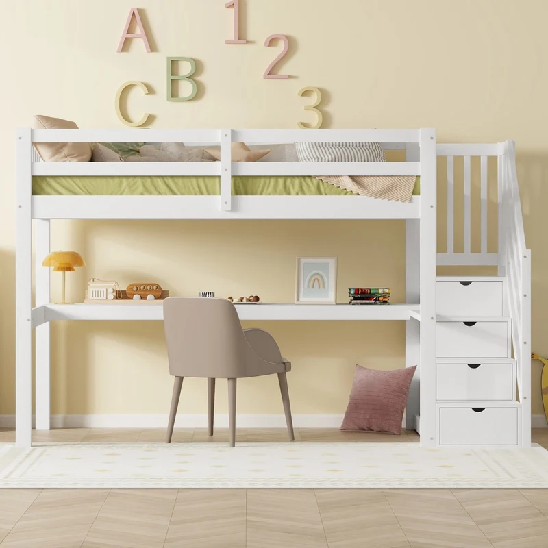 Letto alto per bambini 90x200 cm con scrivania e cassetti contenitore; pino e MDF bianco