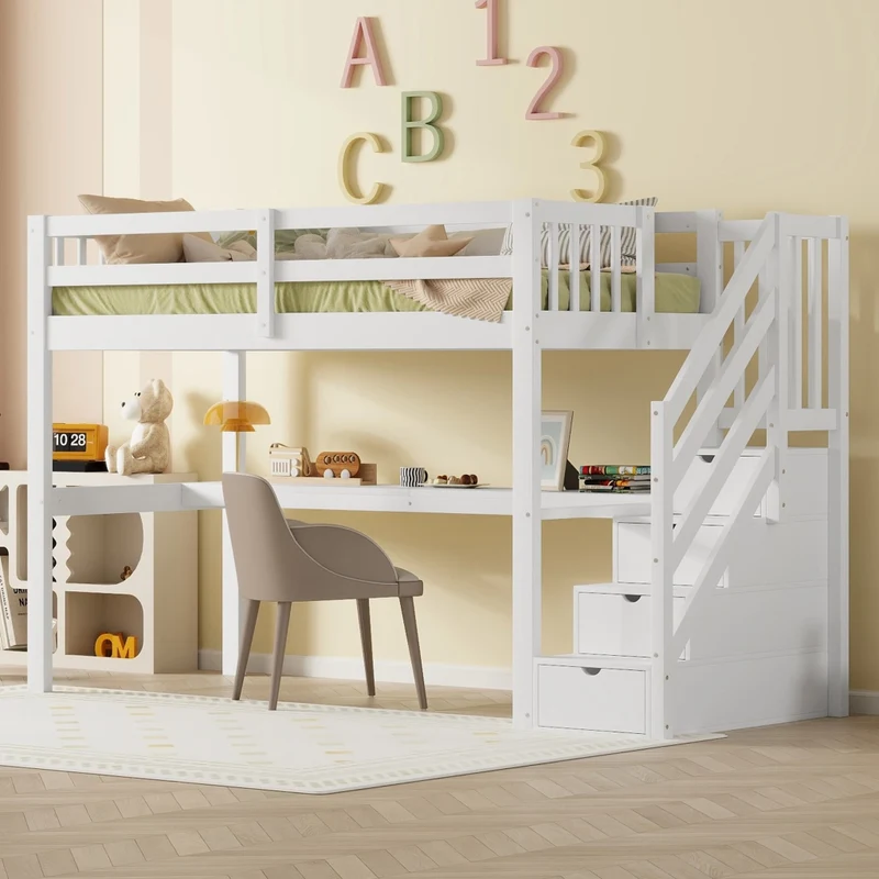 Letto alto per bambini 90x200 cm con scrivania e cassetti contenitore; pino e MDF bianco