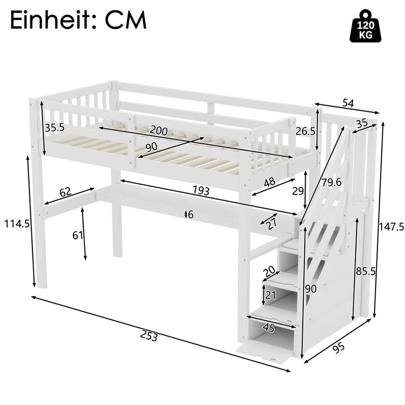 Letto alto per bambini 90x200 cm con scrivania e cassetti contenitore; pino e MDF bianco