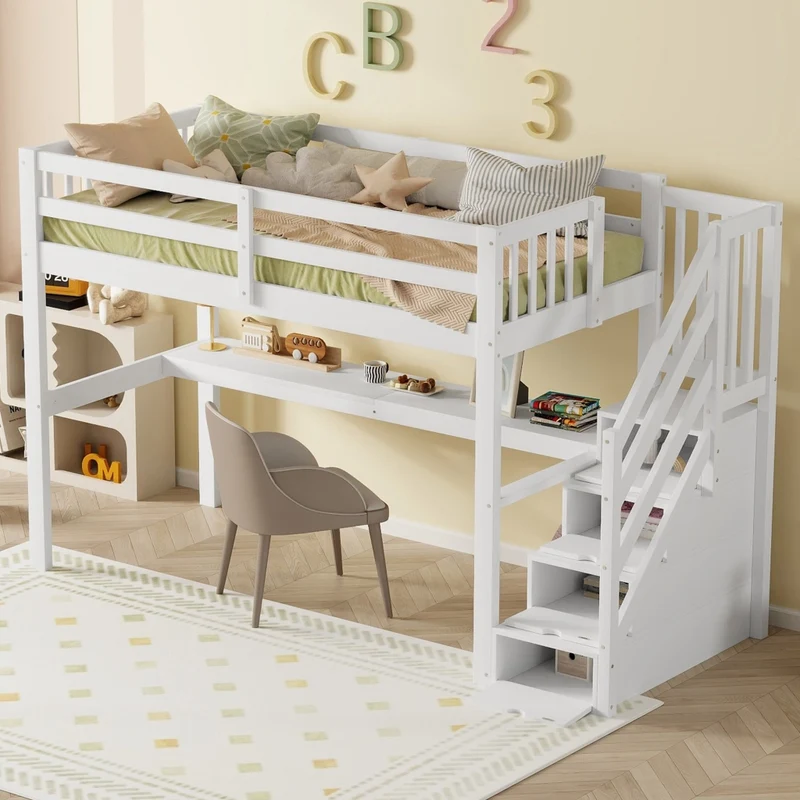Letto alto per bambini 90x200 cm con scrivania e cassetti contenitore; pino e MDF bianco