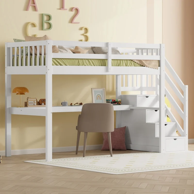 Letto alto per bambini 90x200 cm con scrivania e cassetti contenitore; pino e MDF bianco