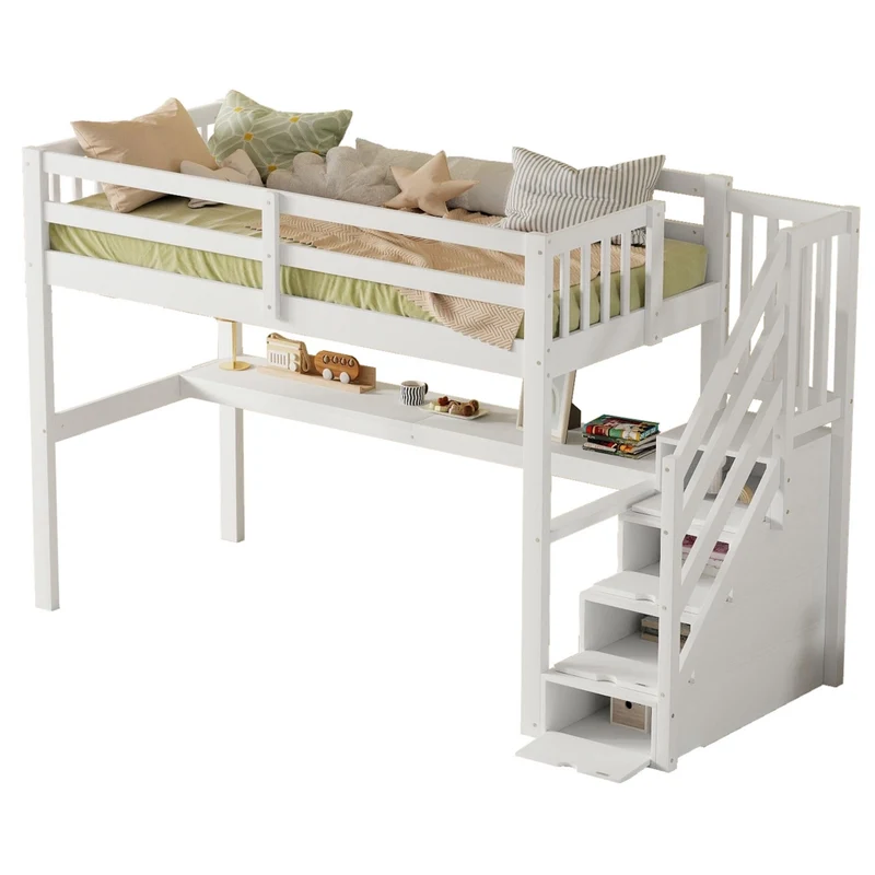 Letto alto per bambini 90x200 cm con scrivania e cassetti contenitore; pino e MDF bianco