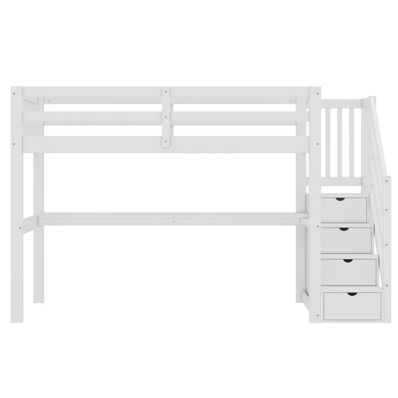 Letto alto per bambini 90x200 cm con scrivania e cassetti contenitore; pino e MDF bianco