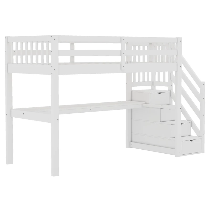 Letto alto per bambini 90x200 cm con scrivania e cassetti contenitore; pino e MDF bianco