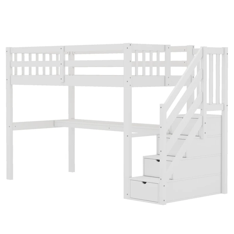 Letto alto per bambini 90x200 cm con scrivania e cassetti contenitore; pino e MDF bianco