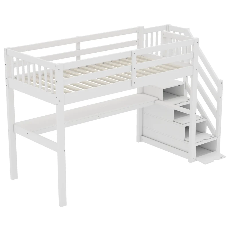 Letto alto per bambini 90x200 cm con scrivania e cassetti contenitore; pino e MDF bianco