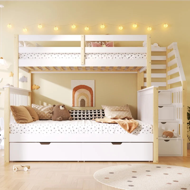 Letto a castello 90x200 sopra 140x200 sotto con cassetti; pino; bianco e naturale