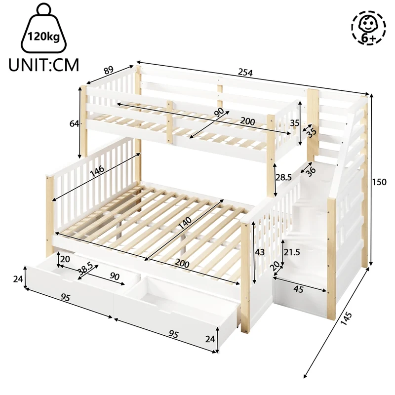 Letto a castello 90x200 sopra 140x200 sotto con cassetti; pino; bianco e naturale