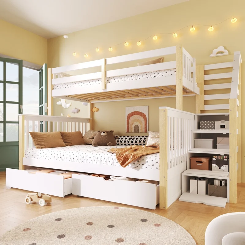 Letto a castello 90x200 sopra 140x200 sotto con cassetti; pino; bianco e naturale
