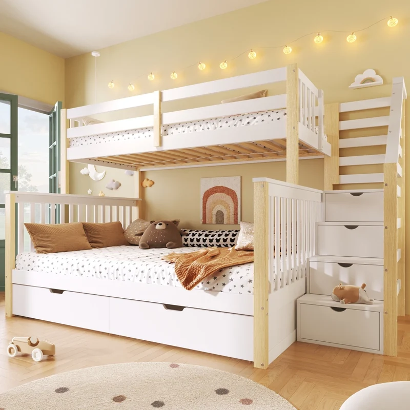 Letto a castello 90x200 sopra 140x200 sotto con cassetti; pino; bianco e naturale
