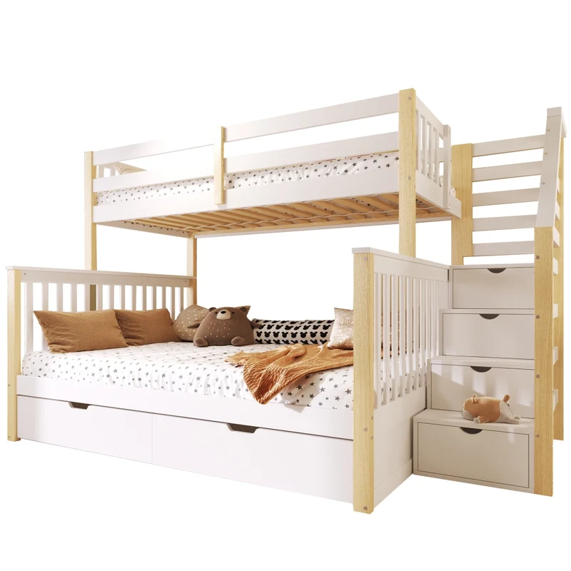 Letto a castello 90x200 sopra 140x200 sotto con cassetti; pino; bianco e naturale