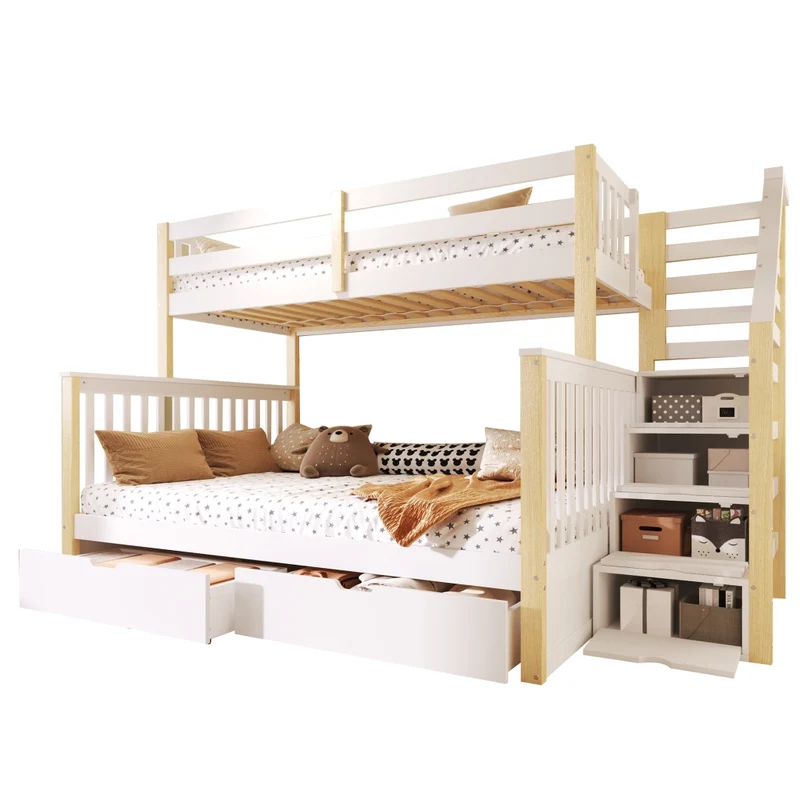 Letto a castello 90x200 sopra 140x200 sotto con cassetti; pino; bianco e naturale