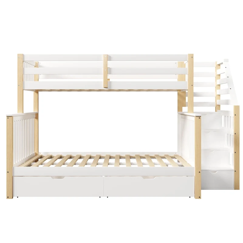 Letto a castello 90x200 sopra 140x200 sotto con cassetti; pino; bianco e naturale